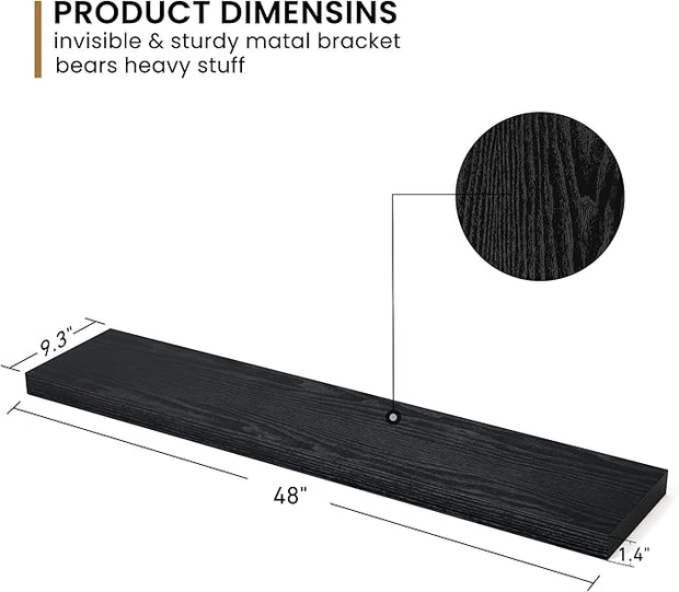 Fun Memories Floating Shelves - 9.3 Inch Deep Wall Shelf for Decor & Storage - Wall Mounted Display Shelving with Invisible Heavy-Duty Metal Bracket - 48" W x 9.3" D x 1.5" H - Set of 1 - Rustic Black