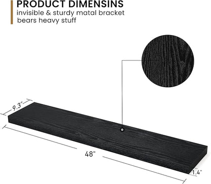 Fun Memories 48Inch Floating Shelves, 9.3Inch Deep Rustic Wall Shelves - Extra Deeper & Thicker Wall Mounted Storage Shelf for Kitchen, Farmhouse - Set of 2 - Rustic Black