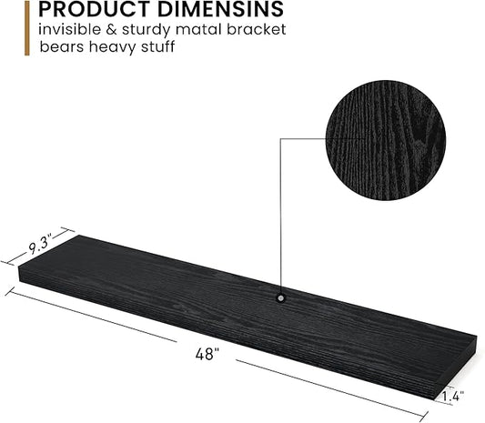Fun Memories 48Inch Floating Shelves, 9.3Inch Deep Rustic Wall Shelves - Extra Deeper & Thicker Wall Mounted Storage Shelf for Kitchen, Farmhouse - Set of 2 - Rustic Black
