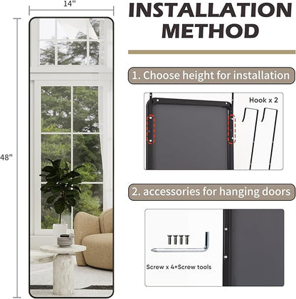 Full Length Door Mirror 14x48, Metal Frame with Protective Film, No-Drilling Hanging or Wall Mount (Horizontal/Vertical), Hooks & Hardware Included, Full Body Mirror for Bedroom, Dorm, Black