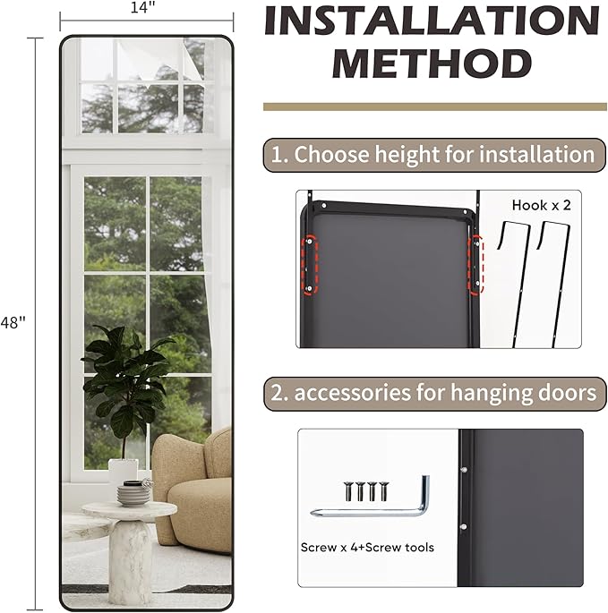 Full Length Door Mirror 14x48, Metal Frame with Protective Film, No-Drilling Hanging or Wall Mount (Horizontal/Vertical), Hooks & Hardware Included, Full Body Mirror for Bedroom, Dorm, Black