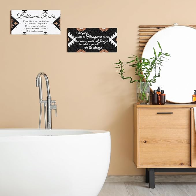 Jetec 2 Pieces Funny Bathroom Signs Bathroom Wall Decor Toilet Wall Accessories Farmhouse Toilet Rustic Wooden Signs, 12x6 Inch(Boho Style)