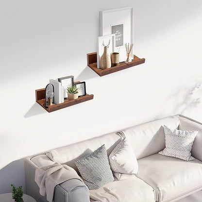 Muzilife 12" Small Floating Wall Ledge Shelves with Lip - Set of 2 Wood Floating Shelves - Honey Brown Wall Mounted Picture Ledge for Office, Bathroom, Bedroom, Living Room, Kitchen