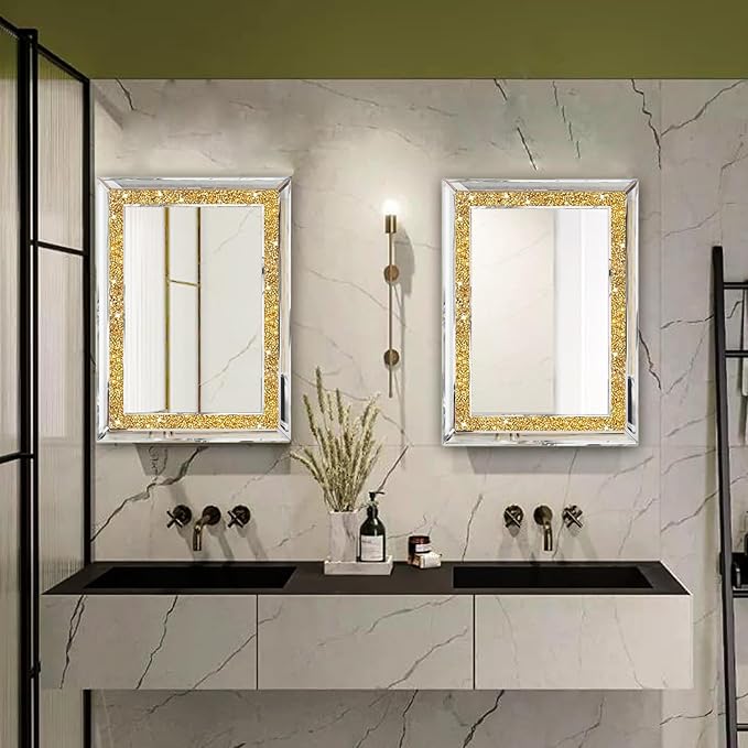 2 Piece Wall Mirrors, Crush Diamond Wall Decor, Gold Color Decorative Mirrors for Living Room, Bedroom, Bathroom. (11'x15')