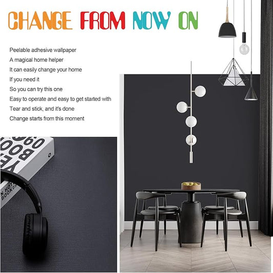 Amiya Black Peel and Stick Wallpaper Solid Color Textured Contact Paper Pure Black Self Adhesive Wallpaper Matte Removable Wall Paper Decorative Walls Decal Vinyl Roll A Set of15.7×400"