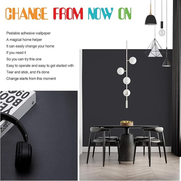 Amiya Black Peel and Stick Wallpaper Solid Color Textured Grey Contact Paper Self Adhesive Wallpaper Matte Removable Wall Paper Decorative Walls Decal Vinyl Roll A Set of15.7×480"