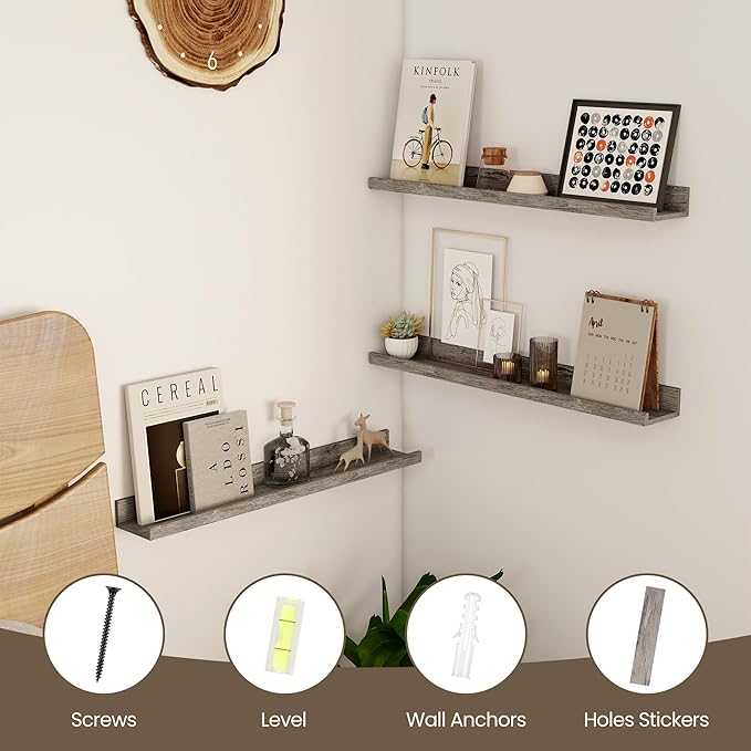 Axeman Picture Ledge Shelf | 24 Inch Floating Shelves Set of 2 | Rustic Grey Wall Shelves with Lip | Grey Picture Shelf for Wall with Ledge | Photo Ledges 24 Inch
