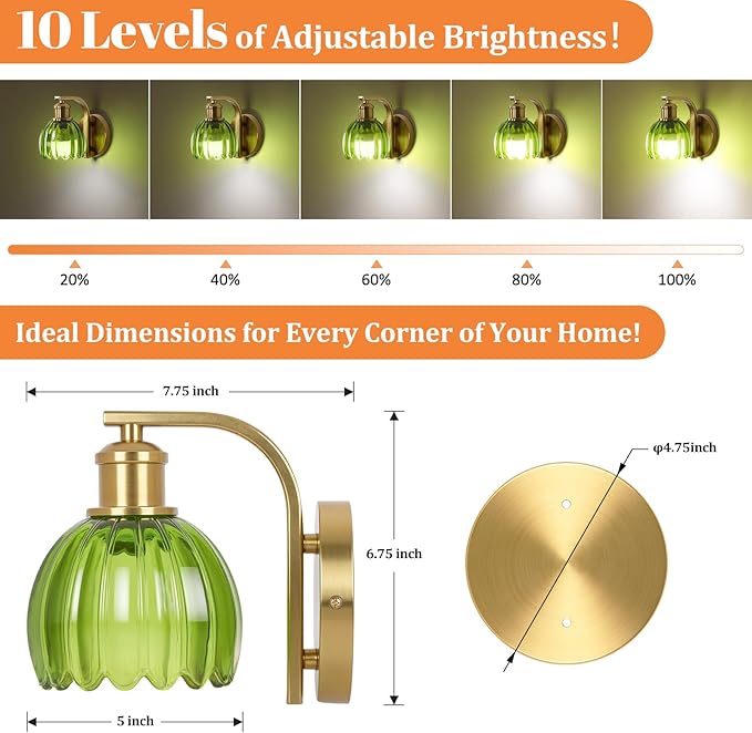 VerRon Rechargeable Battery Operated Wall Sconce with Green Glass Lampshade, Wireless Wall Scone Decor with Remote Control, 15 Colors Gold Wall Light for Bedside Hallway Bedroom Doorway