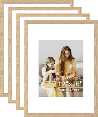 12x16 Picture Frame Set of 4, Displays 8x10 with Mat or 12x16 Without Mat, Photo Frames for Wall Hanging or Tabletop, Includes HD Plexiglass, Light Wood Grain