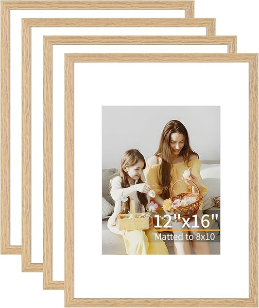 12x16 Picture Frame Set of 4, Displays 8x10 with Mat or 12x16 Without Mat, Photo Frames for Wall Hanging or Tabletop, Includes HD Plexiglass, Light Wood Grain