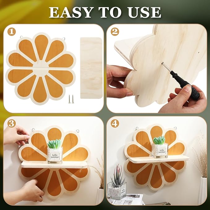 Tatuo 2 Pieces Boho Wooden Flower Wall Shelves Bohemian Holders Hanging Shelf for Living Room Bathroom Bedroom Office Nursery Wall Decor