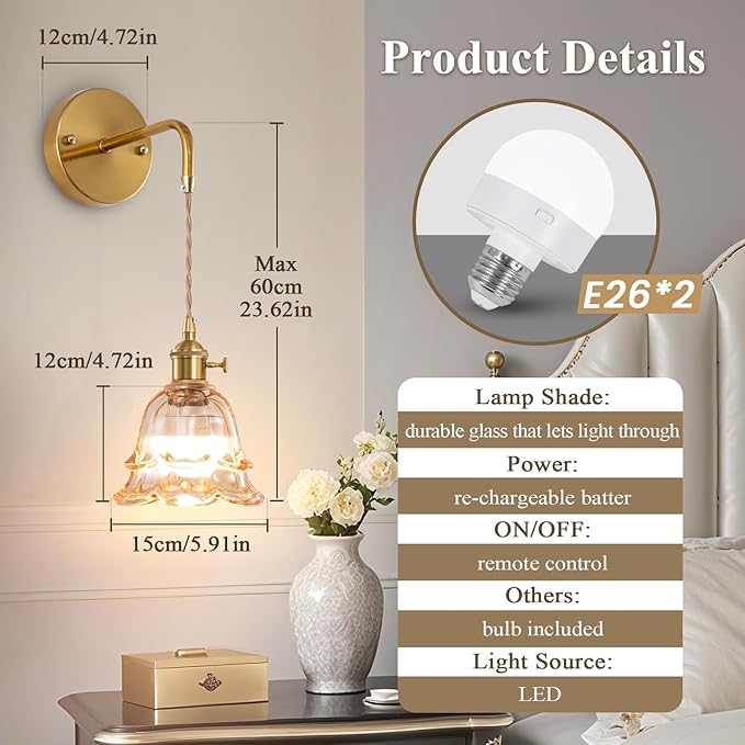 Battery Operated Wall Sconce Set of 2, Adjustable Chain Retro Gold Wall Mounted Light with RGB, Wireless Indoor Rechargeable Amber Wall Light for Living Room, Bedroom