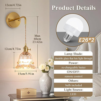 Battery Operated Wall Sconce Set of 2, Adjustable Chain Retro Gold Wall Mounted Light with RGB, Wireless Indoor Rechargeable Amber Wall Light for Living Room, Bedroom