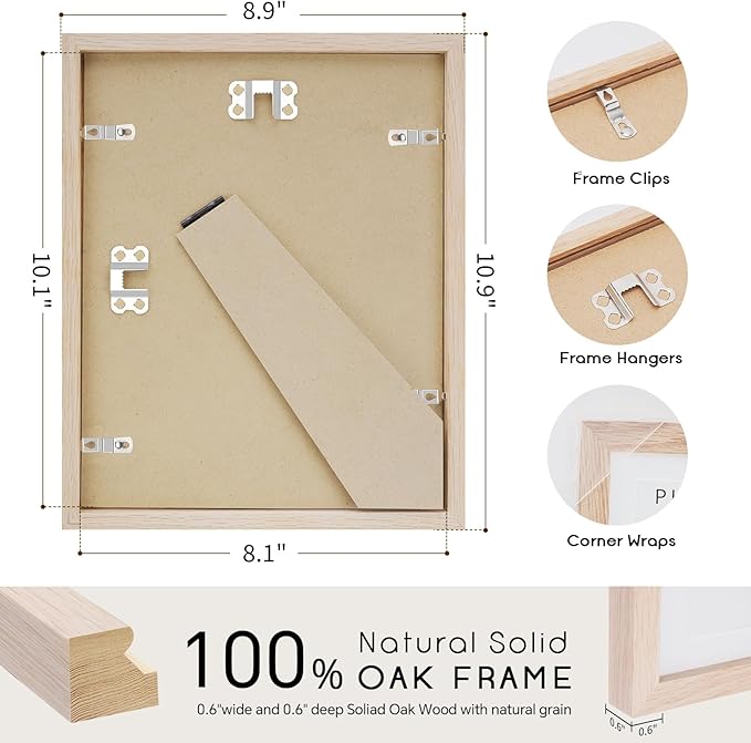 puthiac 8x10 Solid Oak Wood Picture Frame, Fits 6x8 with Mat or 8x10 Without Mat, Wall or Tabletop Display with Stand, Vertical or Horizontal, Plexi Front, 1 Pack, Natural Oak
