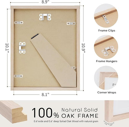 puthiac 8x10 Solid Oak Wood Picture Frame, Fits 6x8 with Mat or 8x10 Without Mat, Wall or Tabletop Display with Stand, Vertical or Horizontal, Plexi Front, 1 Pack, Natural Oak