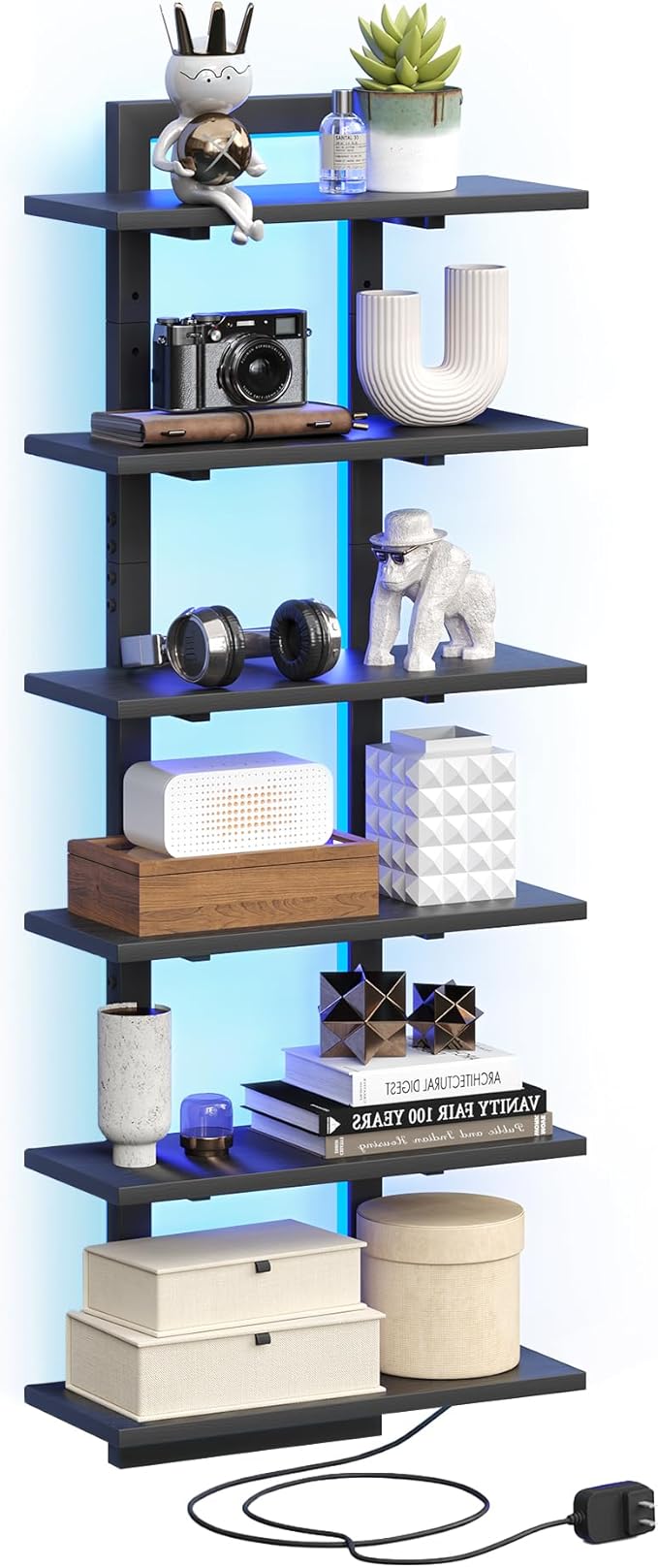 6 Tier Wall Shelf Unit with LED Light, Black Floating Shelf, Vertical Display Shelf, Wall Decor for Bedroom Living Room, Vanity, 15
