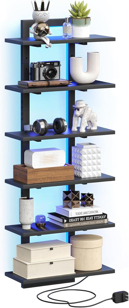 6 Tier Wall Shelf Unit with LED Light, Black Floating Shelf, Vertical Display Shelf, Wall Decor for Bedroom Living Room, Vanity, 15" W x 5.9" D x 43.3" H
