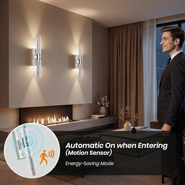 Motion Sensor Wall Sconces Battery Operated Set of 2, Rechargeable Wall Sconce, 3CCT Battery Wall Sconce, 12000mAh Dimmable with Remote for Bedroom, Living room, Hallway (15.3 inch - Chrome - 2 Pack)
