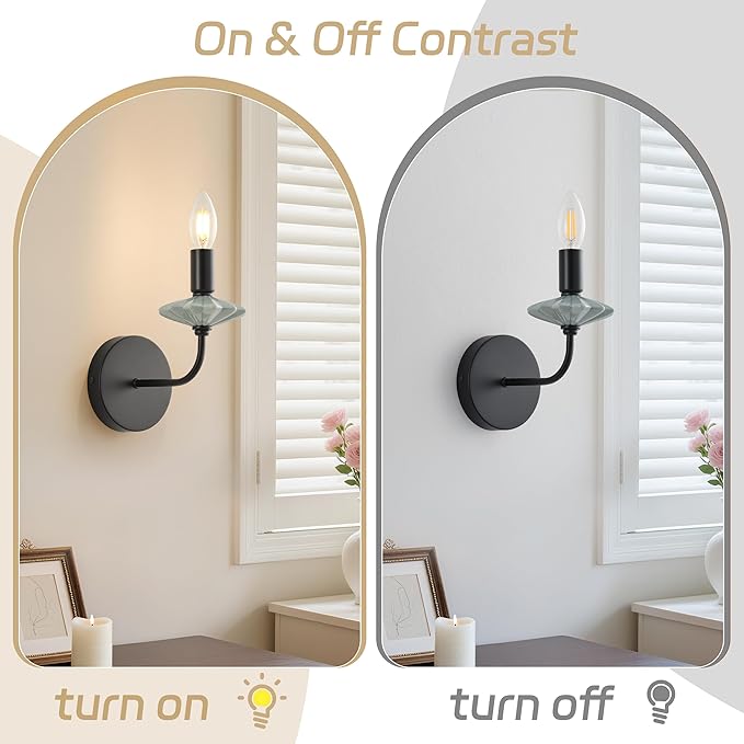 Modern Retro Wall sconces Set of Two with Green Ceramic Flower Decoration,Black Wall Lights, Hardwired Vintage Vanity Light for Bathroom, Living Room, Bedroom, and hallways.