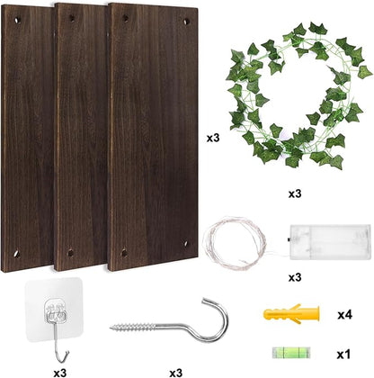 Fixwal Artificial Ivy LED-Strip Floating Shelves Set of 3, Macrame Hanging Shelves Plant Wall Decor, Rustic Boho Wood Wall Storage Shelves for Bedroom, Living Room, Bathroom Decor (Dark Brown)