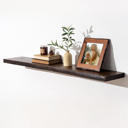 fuqing Solid Elm Wood Floating Shelves for Wall 55 Inch - 9 Inch Deep Live Edge Floating Wall Shelves - Rustic Natural Wooden Shelves with Heavy Duty Brackets and Anchors