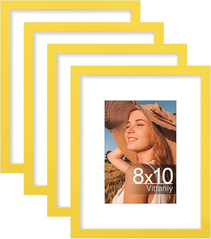 Vittanly 8x10 Picture Frames Set of 4, Display Pictures 5x7 with Mat or 8x10 without Mat, Gallery Wall Frame Set for Wall or Tabletop Display, Engineered Wood with Shatter Resistant Plexiglass, Yellow