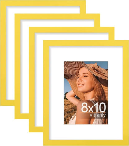 Vittanly 8x10 Picture Frames Set of 4, Display Pictures 5x7 with Mat or 8x10 without Mat, Gallery Wall Frame Set for Wall or Tabletop Display, Engineered Wood with Shatter Resistant Plexiglass, Yellow