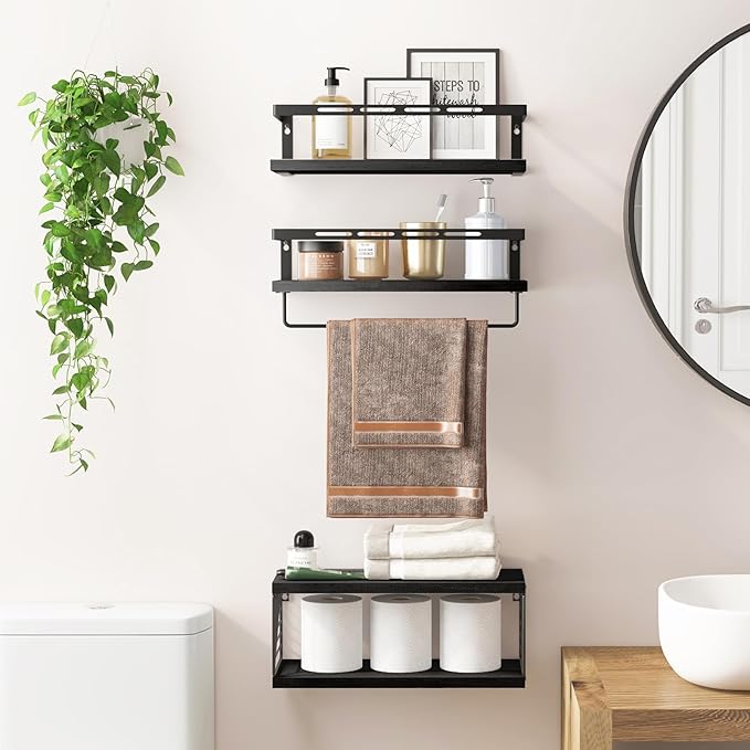 Fixwal 3+1 Tier Wall Mounted Bathroom Shelves Over Toilet, Rustic Wood Floating Shelves with Metal Frame and Towel Bar for Bathroom, Kitchen, Bedroom, Living Room (Black)