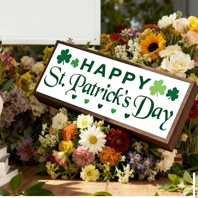 Happy St. Patrick's Day Wooden Table Sign, Farmhouse Framed Block Signs, Shamrock Decors, Clover Beautiful Home Decor Sign, Shelf Tabletop Decoration, Irish Gift, 9.5x3.1x1 inches