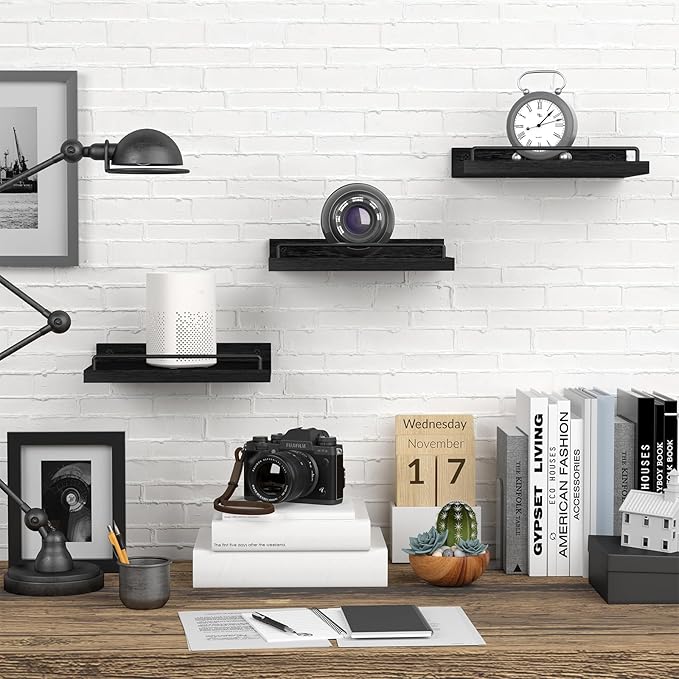 Small Floating Shelf, 6X9 Inches Farmhouse Wall Shelves for Living Room, Bedroom, Picture Frames, Plants, Kitchen, Set of 3 (Black)