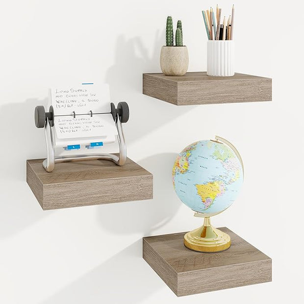 Marsmiles Square Floating Shelves for Wall, 8" W x 8" D x 1.25" H, 3 Pack Small Wall Mounted Engineered Wood Shelves with Invisible Brackets for Living Room, Bedroom, Bathroom, Kitchen Decor, Grey