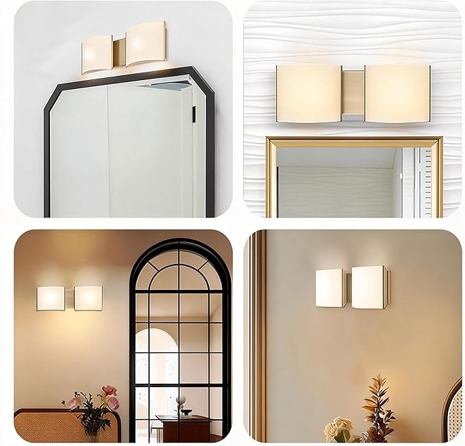 19in LED Bathroom Wall Sconce Lights, 2-Light Vanity Lights, Bathroom Wall Decro Lighting, Indoor Light Fixtures with Premuim Acrylic Shade for Hallway Bedroom Living Room Wall Dero, Gold