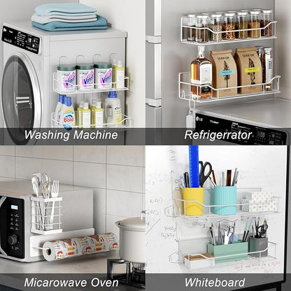 Magnetic Spice Rack for Refrigerator,8 Pack Magnetic Fridge Shelf, Moveable Spice Organizer with Hook Rack, Paper Towel Holder, Utensil Holder,cup lid holder, Super Magnetic Rack Set (White)