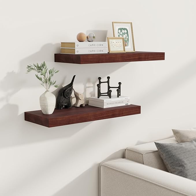 Floating Shelves, 9.3 Inch Deep Floating Shelves for Wall, Solid Wood Shelves 24 Inch Long, Deep Wall Shelves for Living Room, Bathroom, Kitchen, 24
