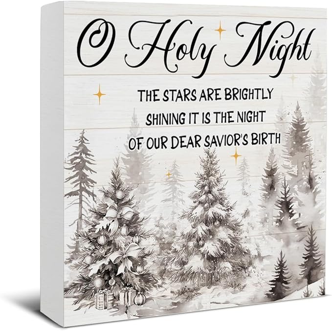 Holy Night Christmas Decor, Christian Decorations, Christmas the Nativity Wooden Sign Rustic Home Shelf Desk Decor 5 x 5 Inches