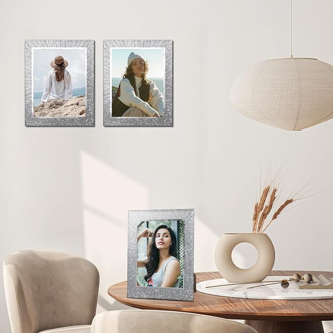 8.5x11 Glass Picture Frame Set of 2, Glitter Photo Frame for Tabletop or Wall Display, Spaekle 8.5 by 11 Silver Wedding Frame