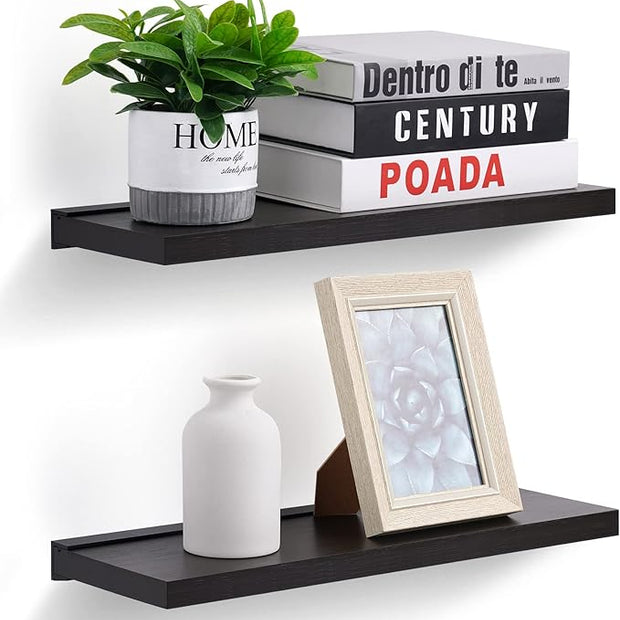 Meangood Floating Shelves Black 17 inch Wall Mounted Natural Bamboo Wood Wall Storage Shelves for Bedroom,Living Room,Bathroom, Kitchen（Set of 2）