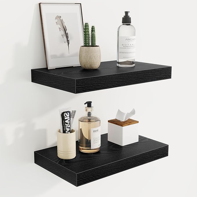 16 Inch Floating Shelves, 9.3" Deep Floating Shelf Wall Mounted, 16" Wall Shelves, Rustic Deep Bookshelf, Large Display Shelves & Storage Shelves for Bedroom, Living Room, Black, Set of 2