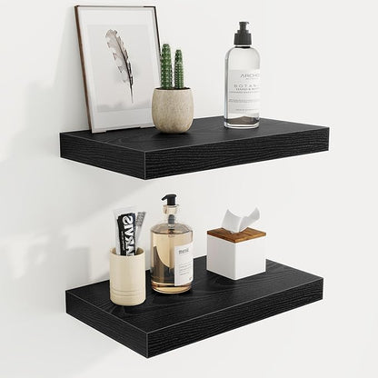 16 Inch Floating Shelves, 9.3" Deep Floating Shelf Wall Mounted, 16" Wall Shelves, Rustic Deep Bookshelf, Large Display Shelves & Storage Shelves for Bedroom, Living Room, Black, Set of 2
