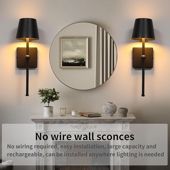 Battery Operated Wall Sconce Rechargeable Wireless Cordless Wall lamp Decor Set of one Black for Bedroom Living Room Bedside