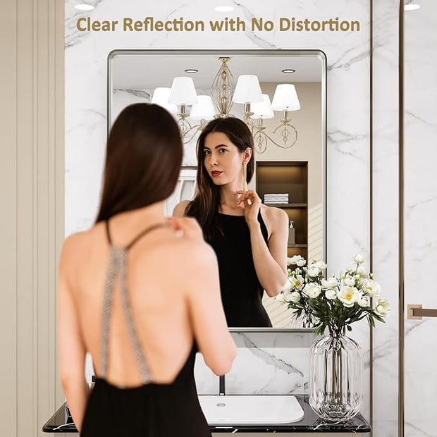 LOAAO 28X36 Inch Brushed Nickel Bathroom Mirror, Rounded Rectangle Silver Metal Frame Mirror, Brushed Nickel, Anti-Rust, Shatter Proof, Hangs Horizontally or Vertically