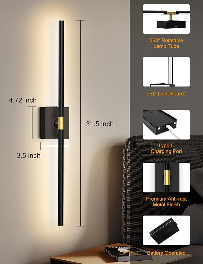 Battery Operated Wall Sconces Set of 2, 10000mAh Rechargeable Wall Lights, Easy Install 360° Rotate 3000K-6000K LED Wireless Wall Light Decor for Bedroom Living Room Hallway Picture Lighting Gallery