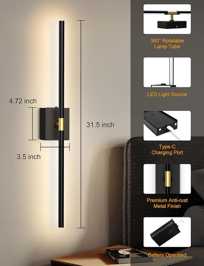Battery Operated Wall Sconces Set of 2, 10000mAh Rechargeable Wall Lights, Easy Install 360° Rotate 3000K-6000K LED Wireless Wall Light Decor for Bedroom Living Room Hallway Picture Lighting Gallery