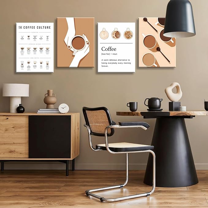 NCYEL 4pcs Modern Minimalist Coffee Wall Art Kitchen Coffee Shop Pictures Simple Home Decor Aesthetic Posters Neutral Brown and Beige Bar Decor 8x10 Inch unframed