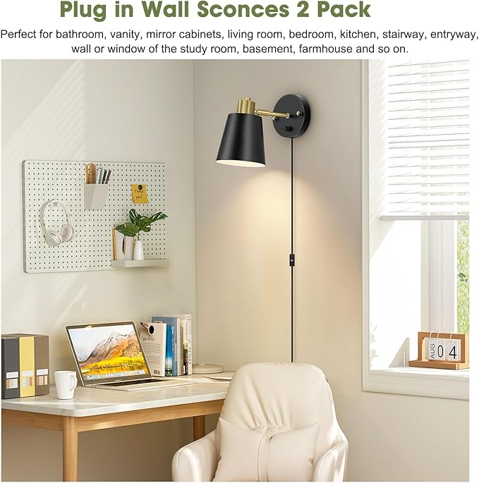 Plug in Wall Sconces Set of 2, Dimmable Wall Lights with Plug in Cord and Dimmer On/Off Knob Switch, Adjustable Angle Black Wall Mounted Lamp for Bedside Bedroom Living Room (2 Bulbs Included)
