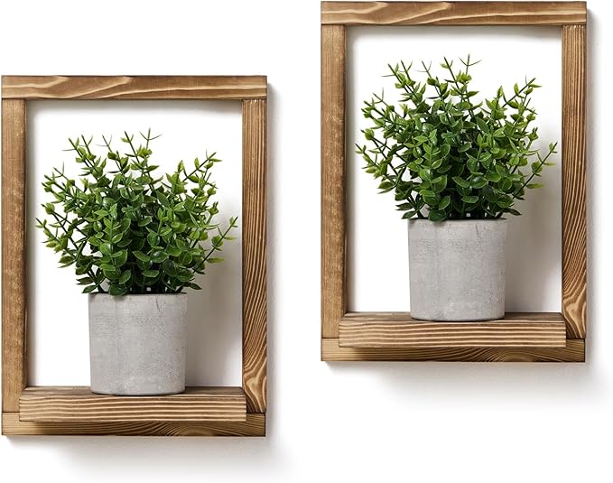 2 Pack Wooden Framed Shelves with Fake Plants for Home Wall Decor, Modern Farmhouse Wood Wall Art for Living Room, Bedroom, Bathroom
