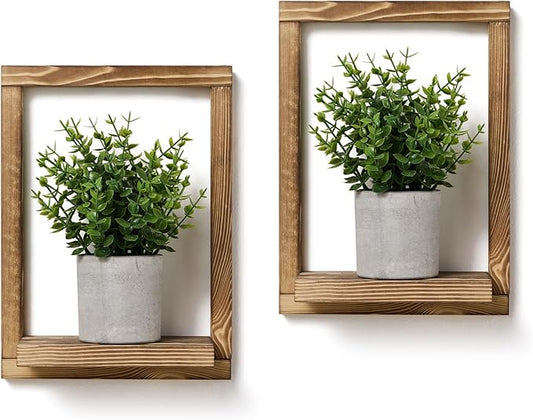 2 Pack Wooden Framed Shelves with Fake Plants for Home Wall Decor, Modern Farmhouse Wood Wall Art for Living Room, Bedroom, Bathroom