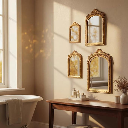 Thyle 4 Pcs Vintage Gold Antique Mirror Set Arch Retro Resin Baroque Decorative Makeup Mirror Square Hanging Wall Desk Tabletop Room Bedroom Bathroom Gallery (13x9 10x7 8x5 7x4)(Light Color)