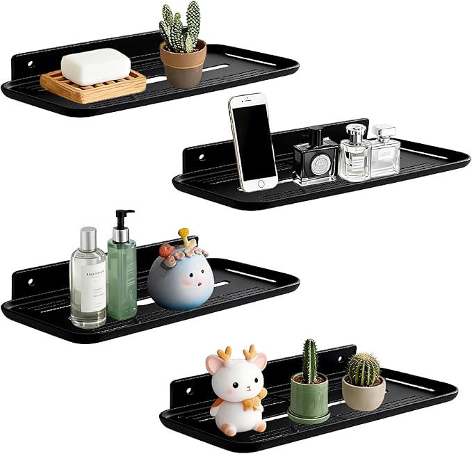Adhesive Floating Shelves No Drill Floating Shelf for Wall Storage Damage-Free Wall Mounted Organizer for Bathroom, Kitchen, Bedroom & Office (Black, 4 PCS)