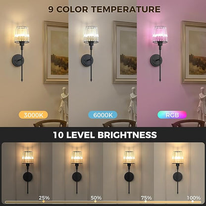 DORESshop Battery Operated Wall Sconce Set of 2, Wireless Wall Light, 15 Color Rechargeable Wall Sconces, Sconce Wall Decor Set of 2 for Bedroom, Living Room, Black and Crystal, 24.6in